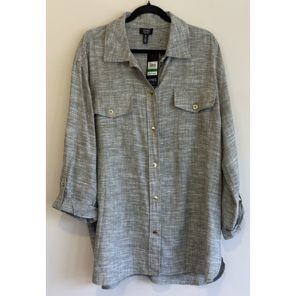 Jones New York Signature Linen Blend Top w/Roll Tab Sleeves Green Size Large NWT